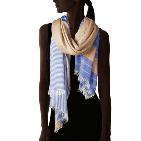 NWT Saachi Large Scarf Silk Blend Tan Blue Brocade Stripes Fringe Boho Lagenlook - Picture 3 of 12